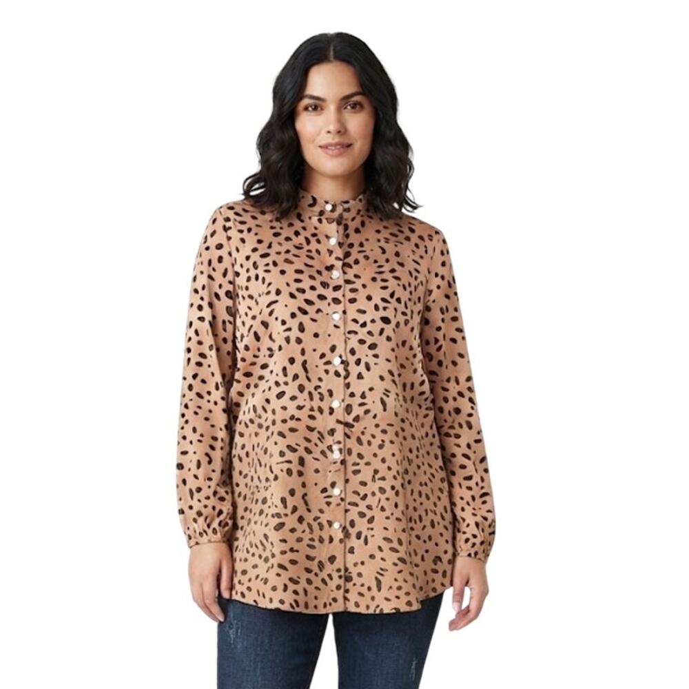 Animal Print Long Sleeve Blouse Shirt Neutral Tan Black Button Down Large